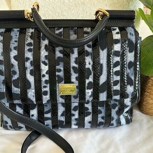 Dolce & Gabbana Black and Gray Striped Leopard-Print Satchel